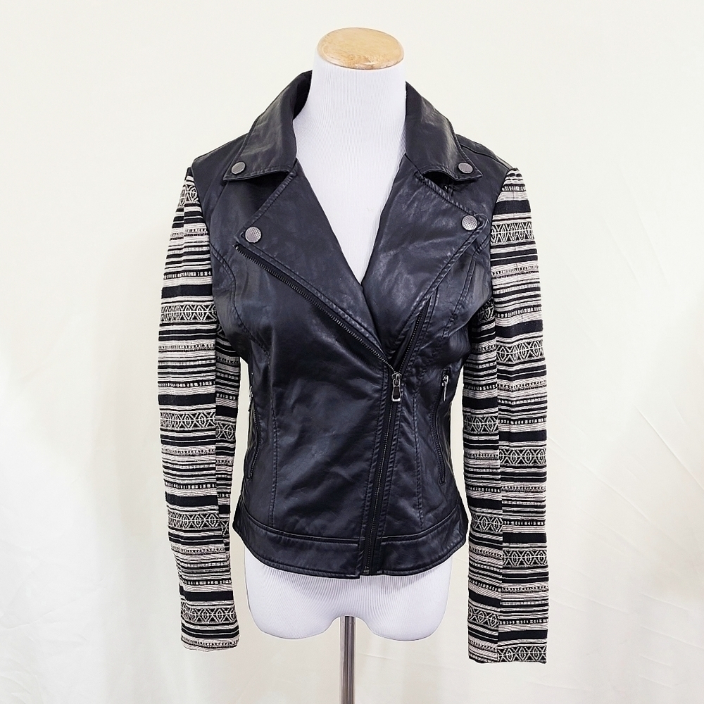 Ci Sono leather moto jacket black tribal sleeves Boho Aztec Women's Size Small